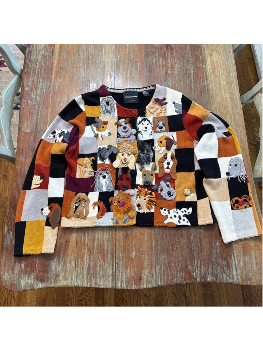 Vintage 1998 Michael Simon New York Dog Novelty Patchwork Cardigan Sweater XL